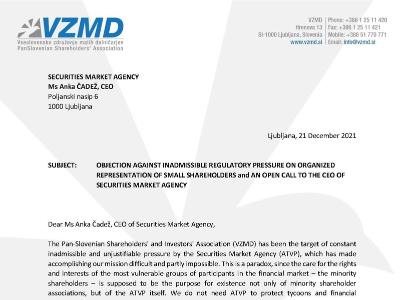 Objection and Open Call to CEO of ATVP Securities Market Agency Page 1