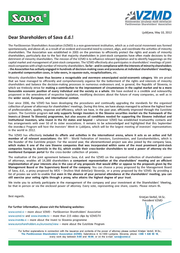 Letter to Sava Shareholders
