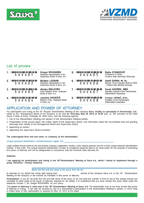 Proxy Form Sava - English